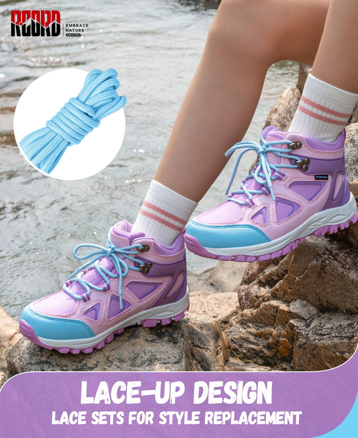 Waterproof breathable kids hiking boots with lace-up closure for a secure fit on day hikes and warm-weather trails [color:Purple]