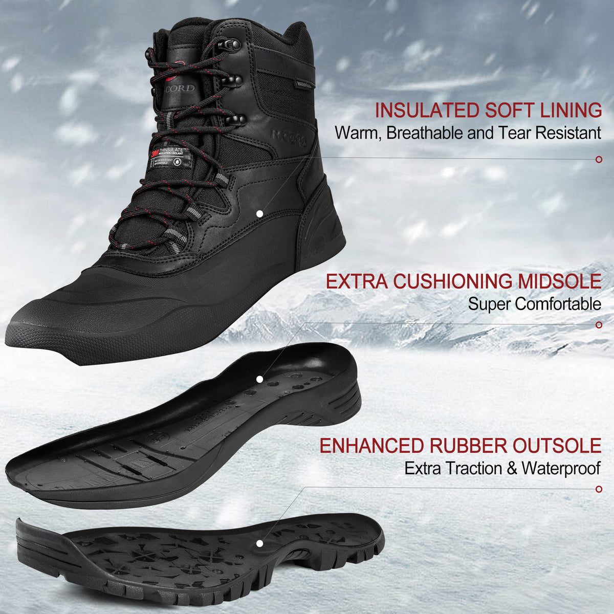 Cushioned midsole comfort in winter boots for men on longer winter walks [color:Black]
