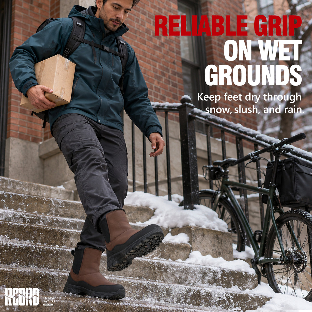 Deep-lug non-slip outsole on winter boots for men for packed snow and slush [color:Brown]