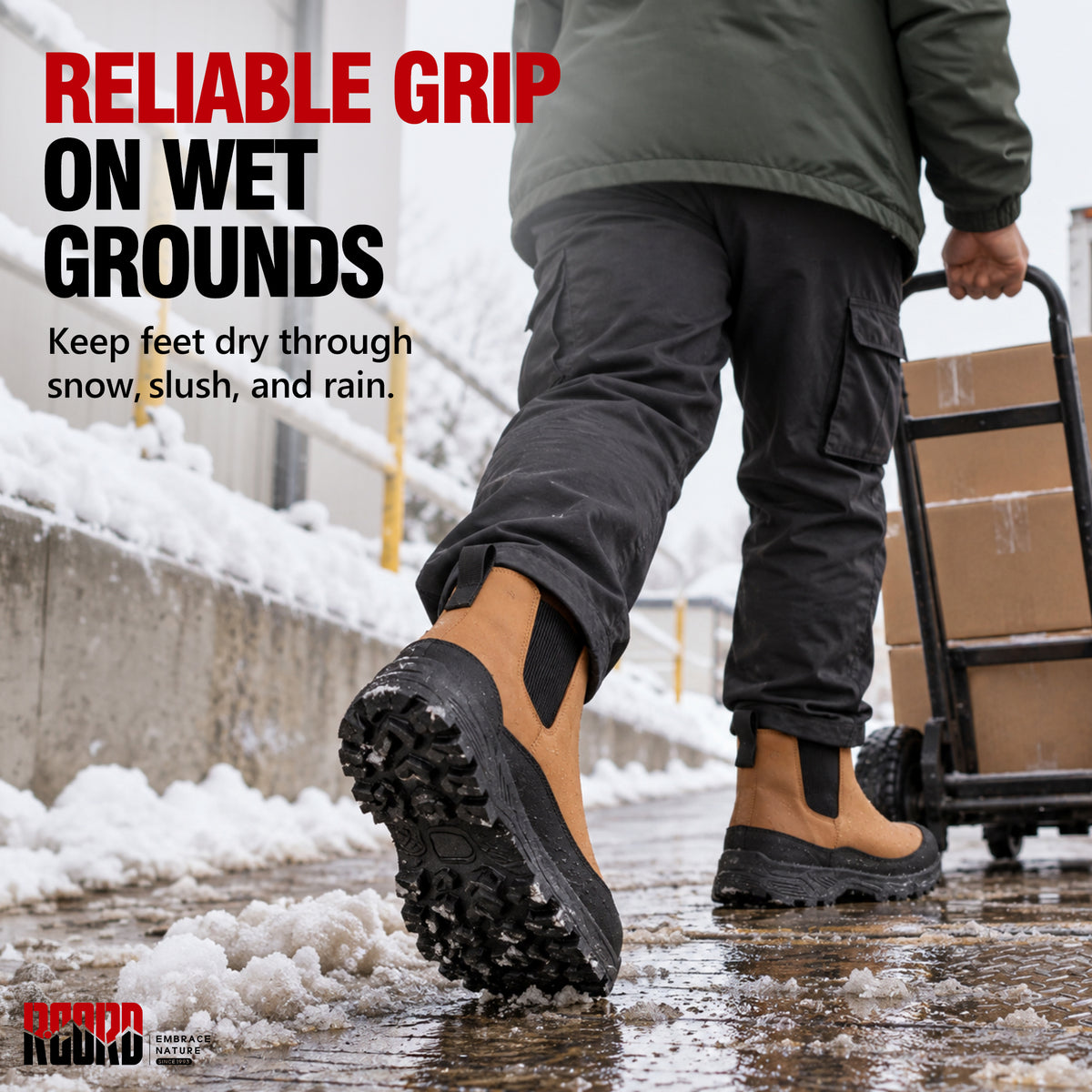 Deep-lug non-slip outsole on winter boots for men for packed snow and slush [color:Khaki]