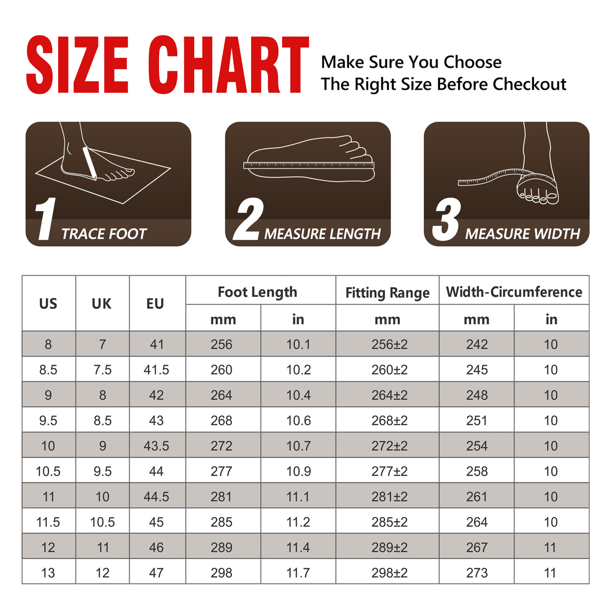 Check the size chart for men's snow boots before ordering winter footwear 