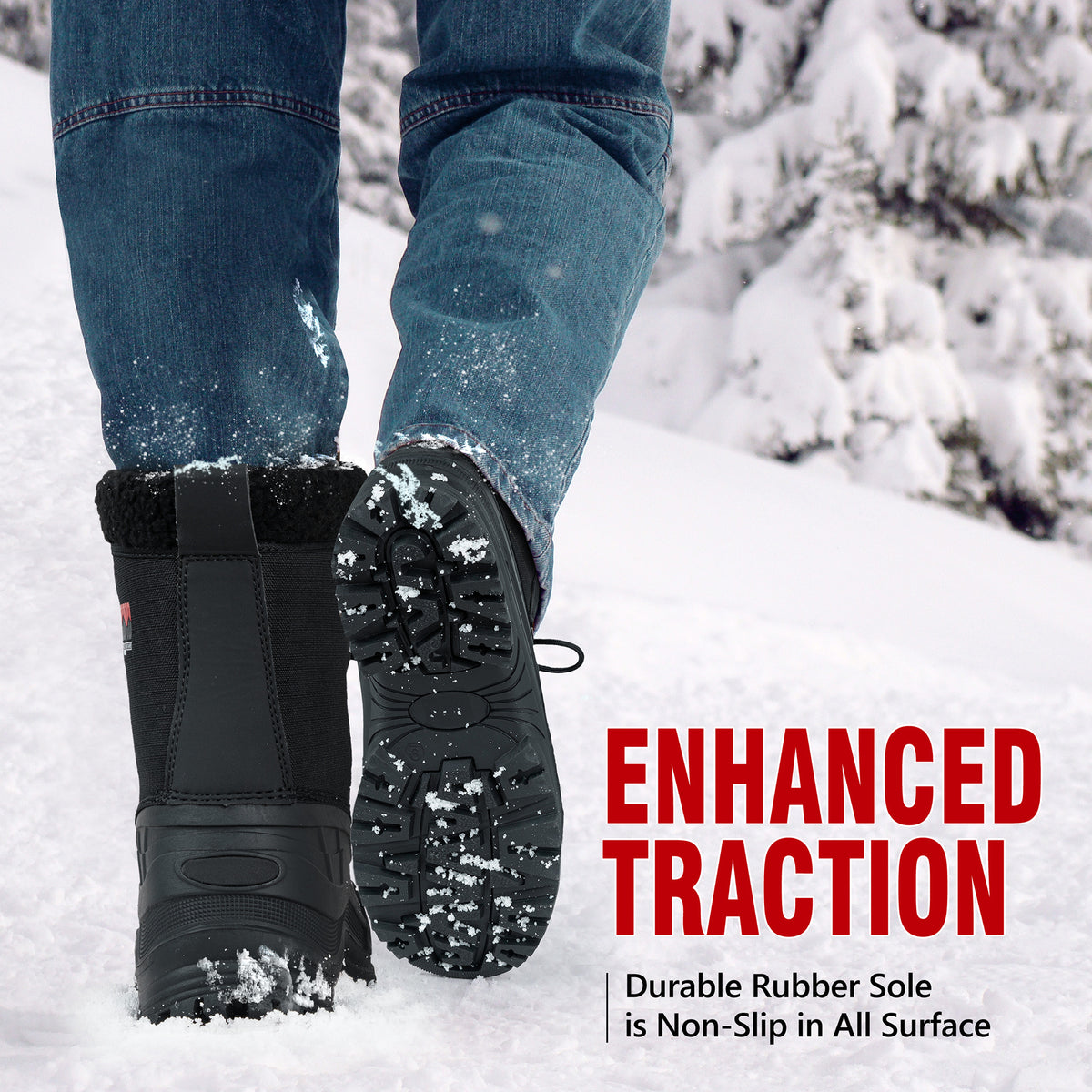 Textured outsole grip on winter boots for men for muddy ground and snow [color:Black]
