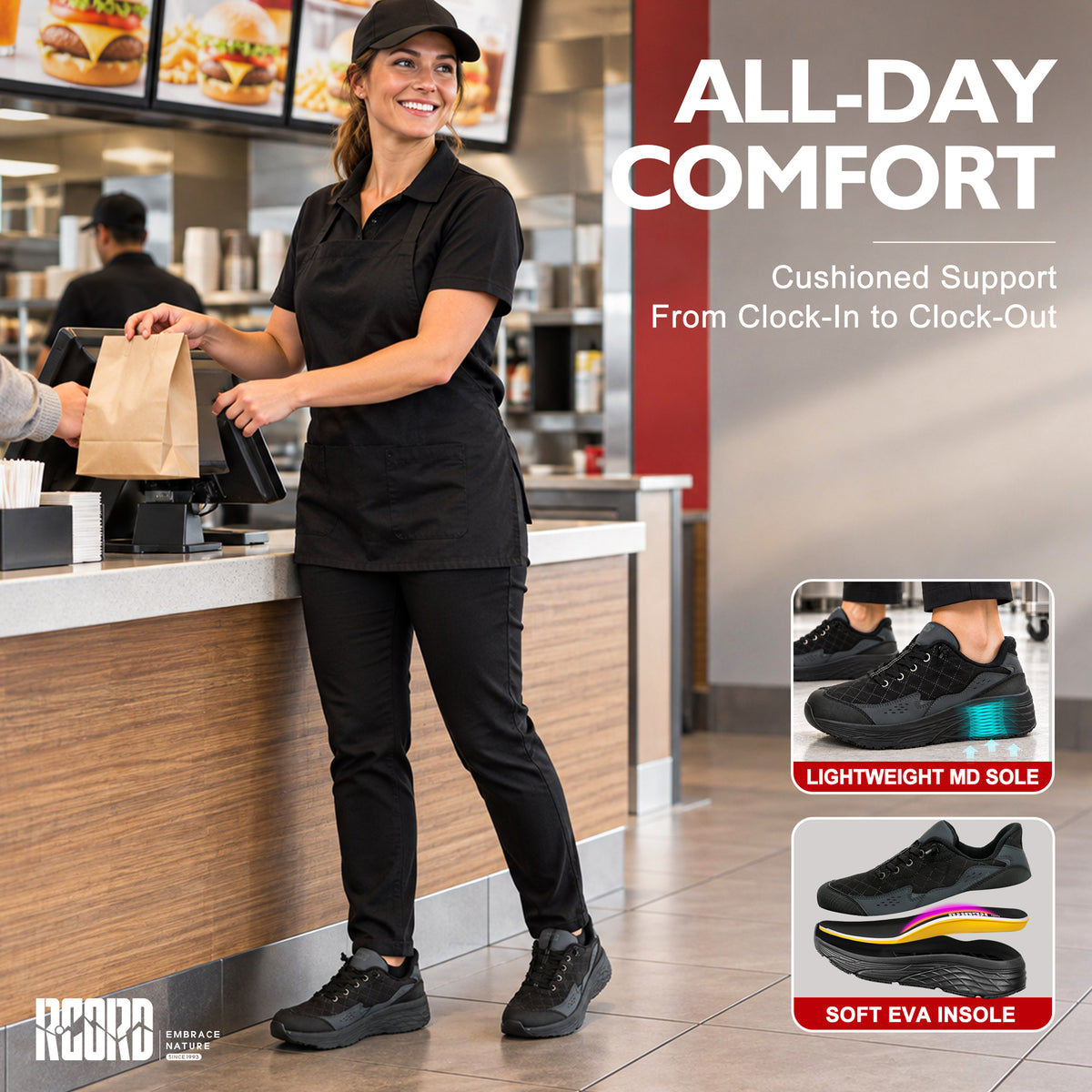 Long-shift cushioning in women's work shoes for standing and walking [color:Black]
