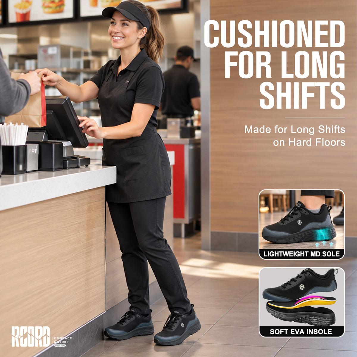Cushioned comfortable work shoes for standing, walking and serving [color:Black]
