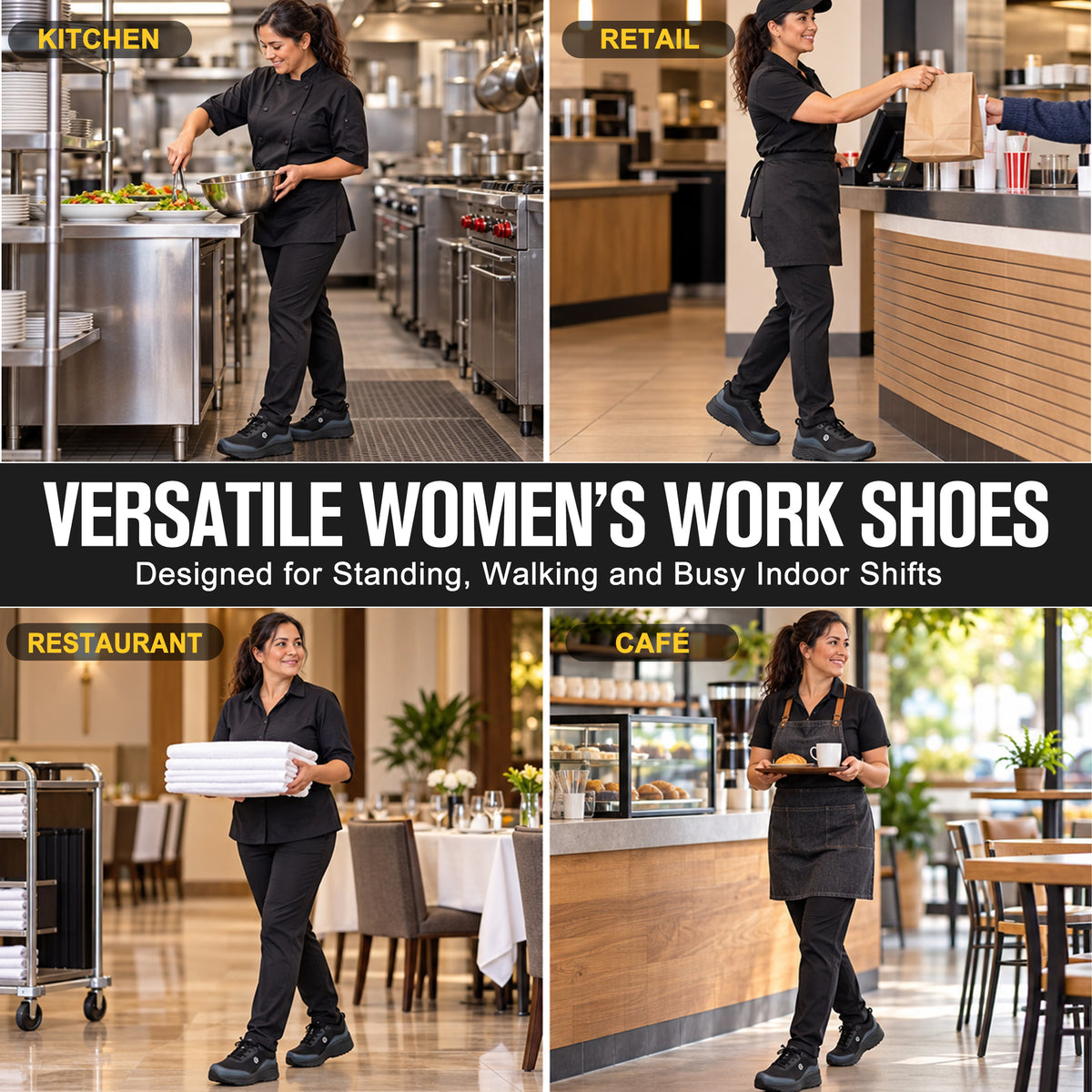 Women's comfortable slip-on work shoes for restaurants, food service and retail [color:Black]
