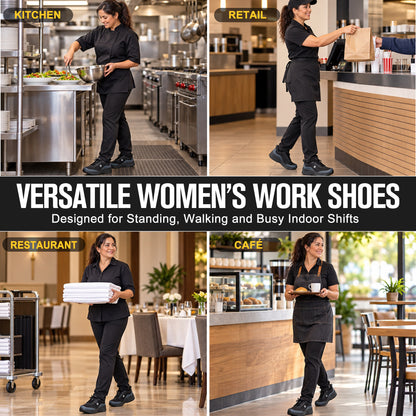 Women's comfortable slip-on work shoes for restaurants, food service and retail [color:Black]
