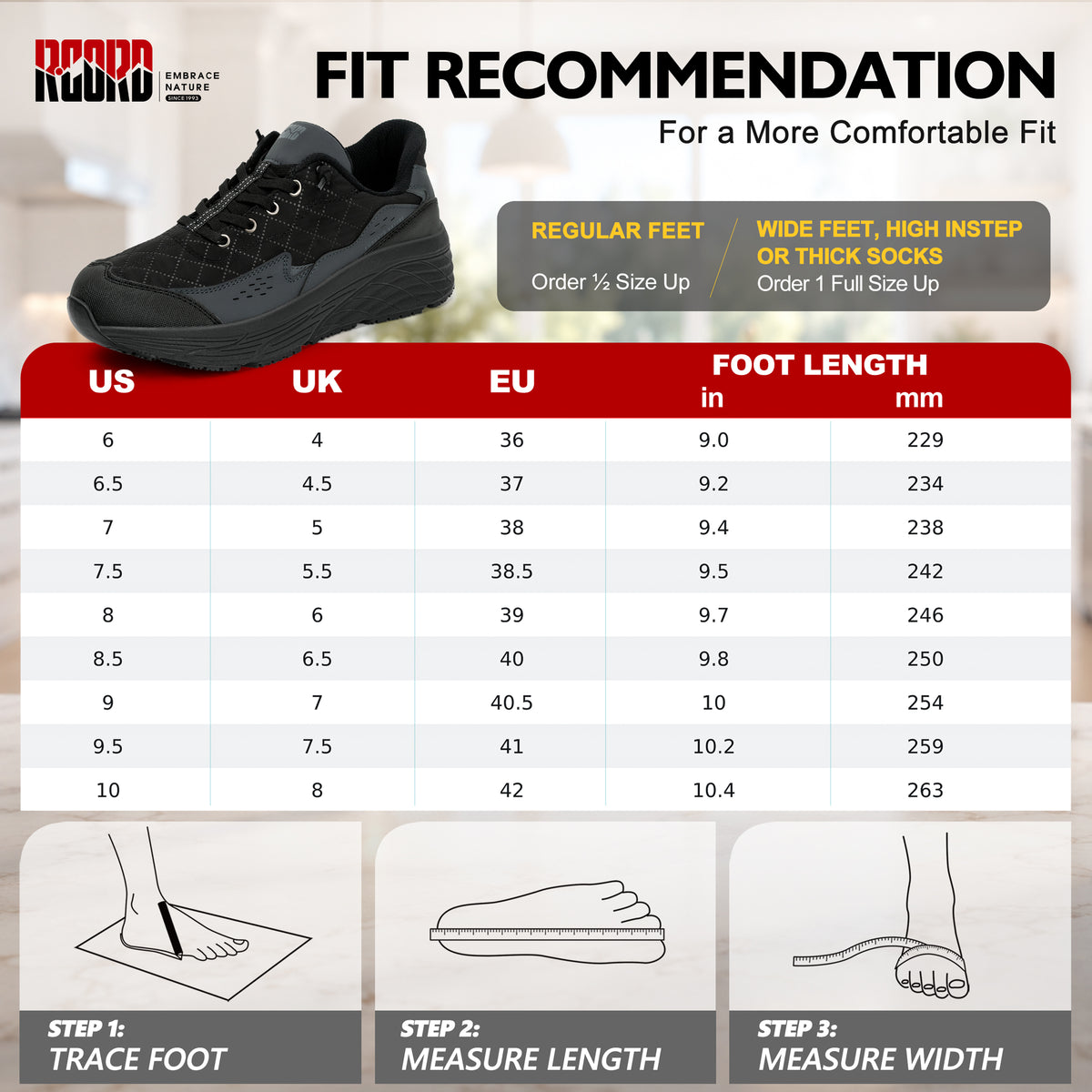 Women's cushioned work shoes size guide for comfortable long-shift wear [color:Black]
