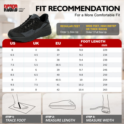 Women's cushioned work shoes size guide for comfortable long-shift wear [color:Black]
