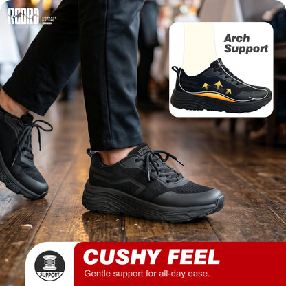 Cushioned women's work shoes with arch support for standing and walking during hospitality shifts [color:Black]
