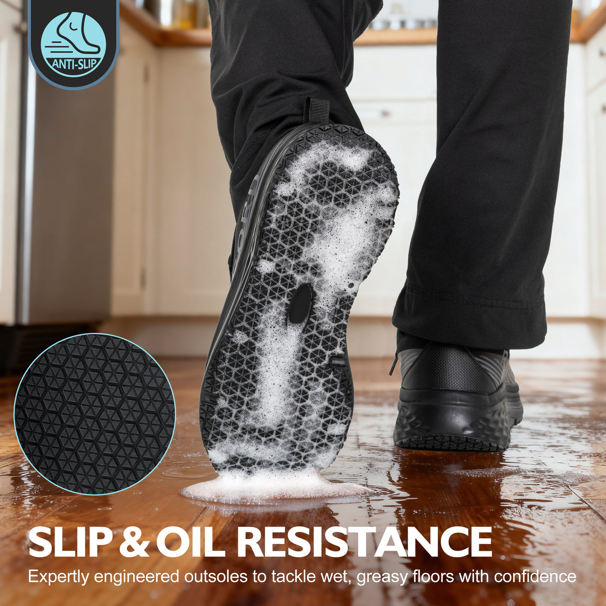 Slip-resistant outsole on women's food service work shoes for wet kitchen floors [color:Black]
