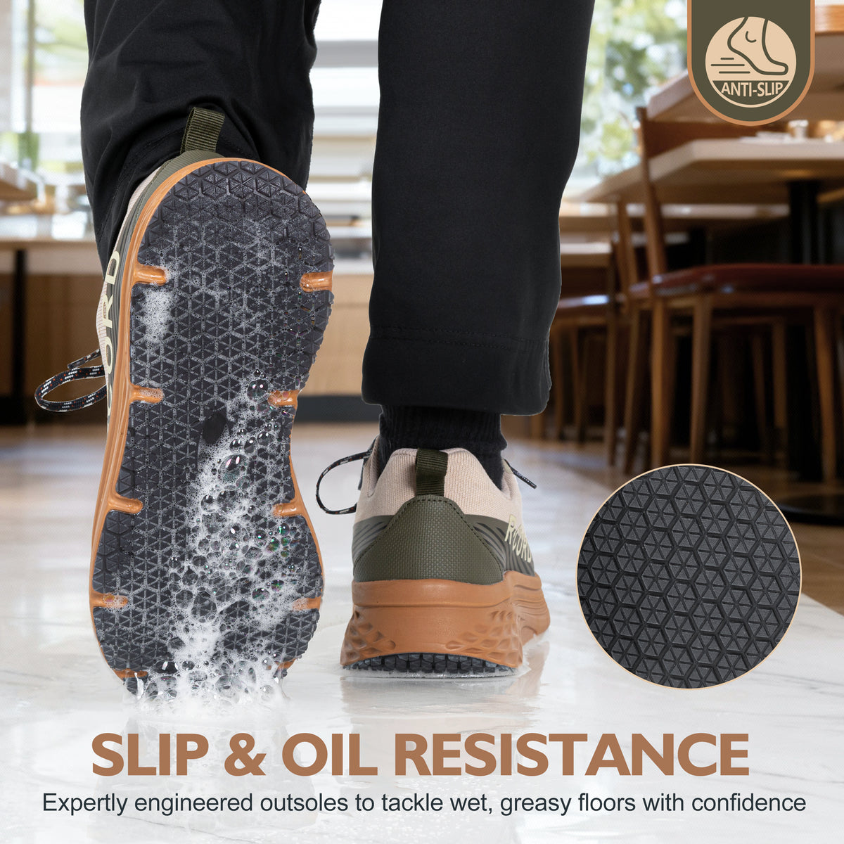 Slip-resistant outsole on women's food service work shoes for wet kitchen floors [color:Khaki]
