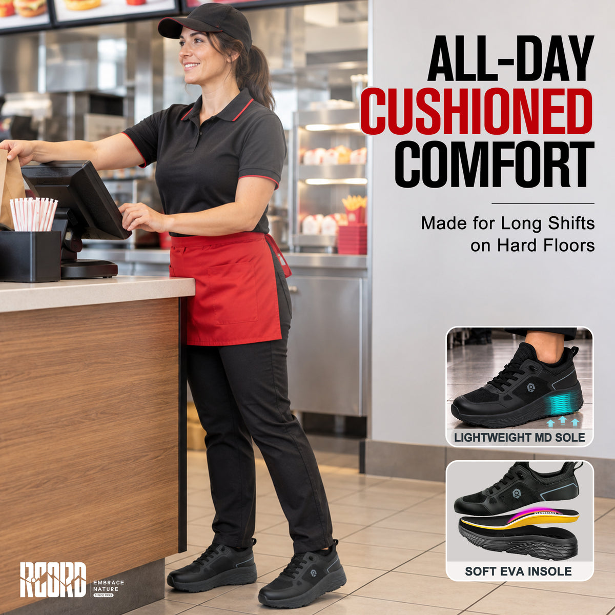Cushioned slip-on work shoes for restaurant staff standing through long shifts [color:Black]
