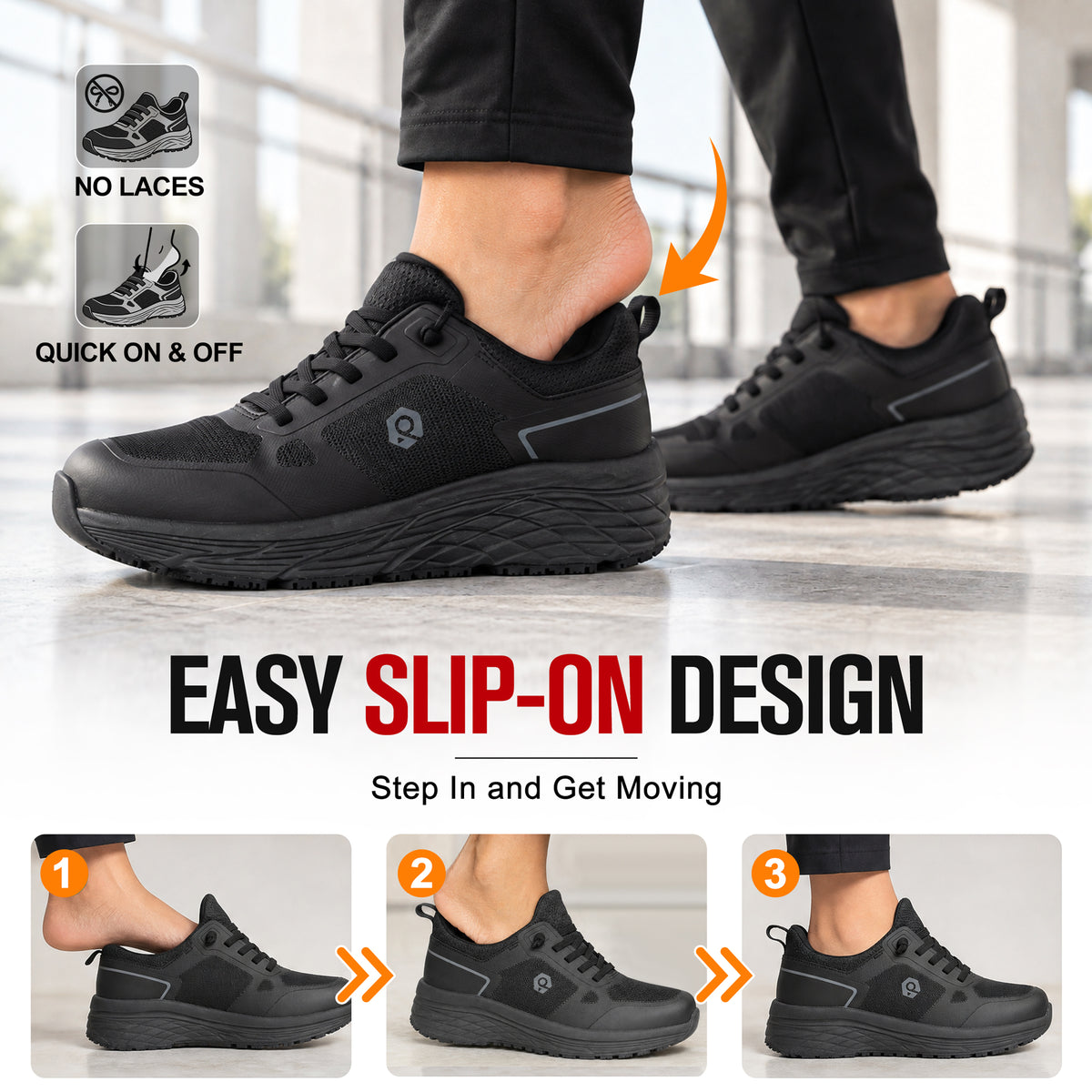 Easy slip-on women's work shoes for quick changes before kitchen shifts [color:Black]
