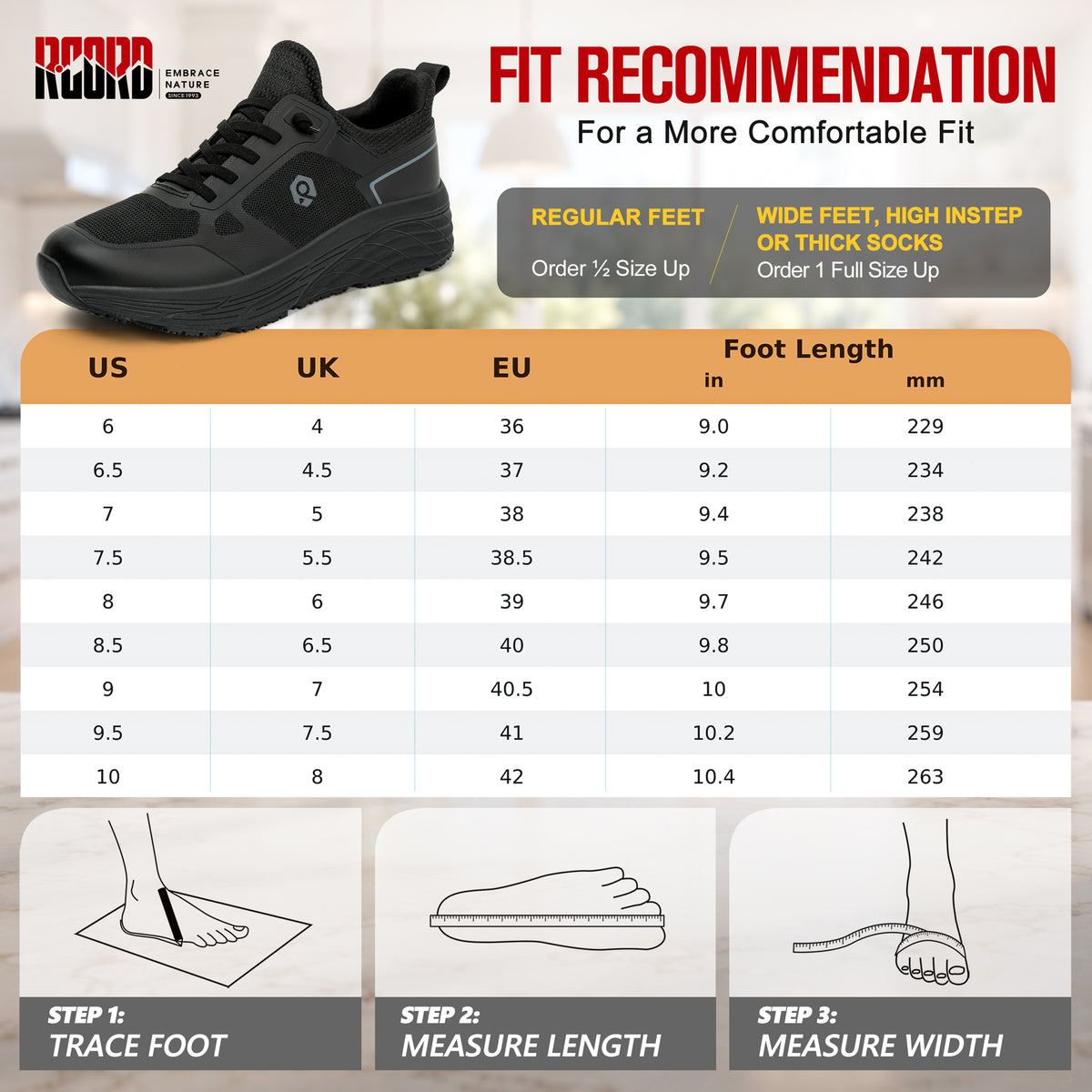 Women's slip-on work shoes size guide for a secure kitchen shift fit [color:Black]

