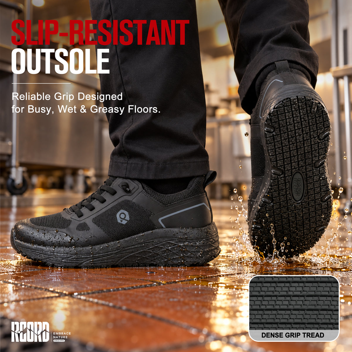 Slip-resistant outsole on women's slip-on work shoes for wet kitchen floors [color:Black]