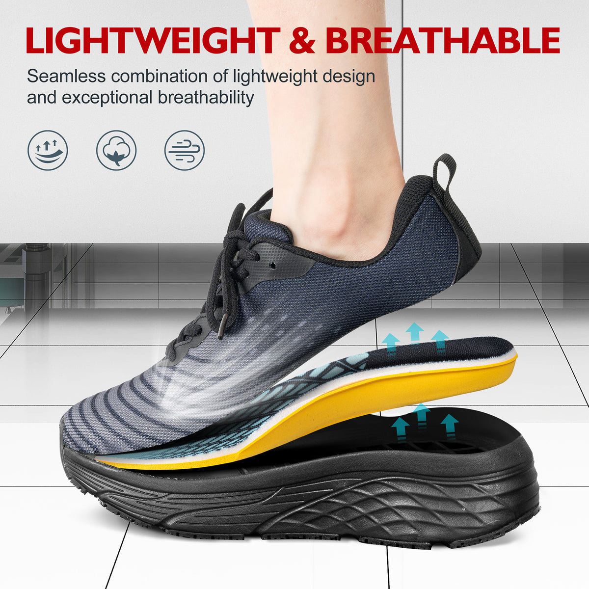 Cushioned PU insole in women's work shoes for standing and walking on long shifts [color:Black]
