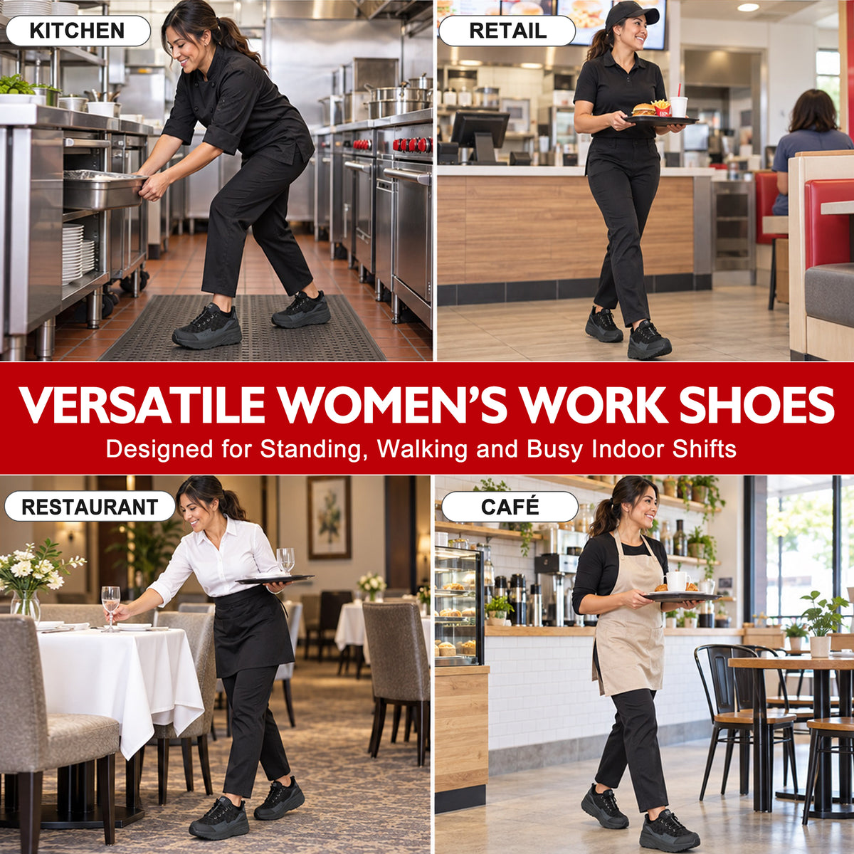 Women's cushioned slip-on work shoes for food service, cafes and hotel teams [color:Black]
