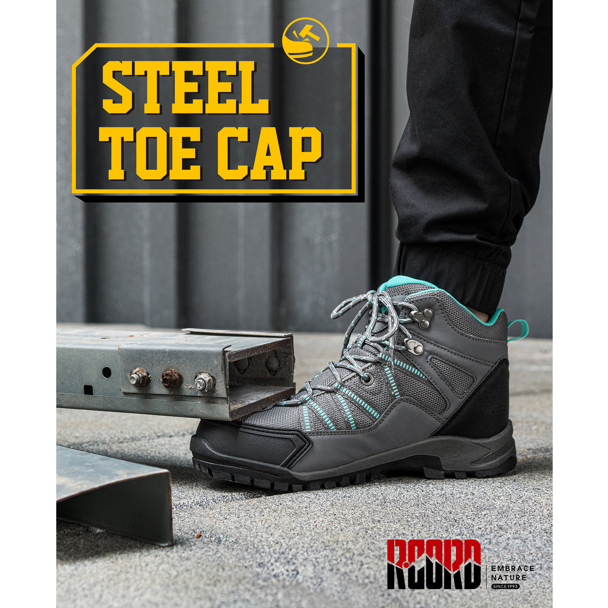 R CORD women's grey work boots with protective steel toe cap [color:Grey]