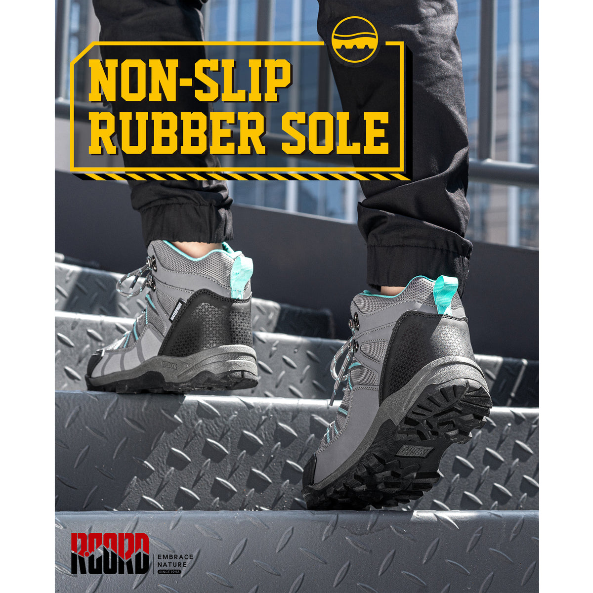 R CORD women's grey non-slip work boots with rubber outsole [color:Grey]