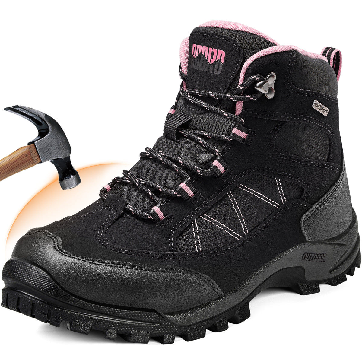 Women's waterproof steel toe work boots with a mid-cut lace-up design on a white background [color:Pink]
