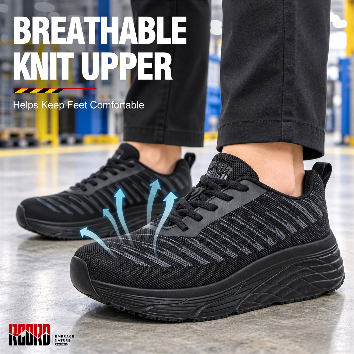Breathablesafety sneaker feel in women's steel toe work shoes for active shifts [color:Black]

