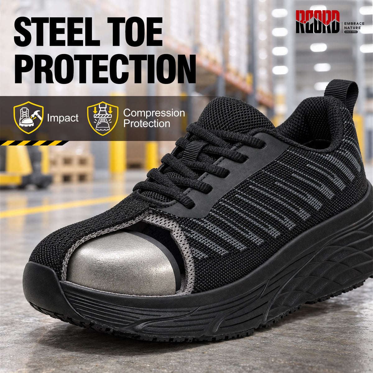 Steel toe protection in women's work shoes for everyday workplace impact coverage [color:Black]