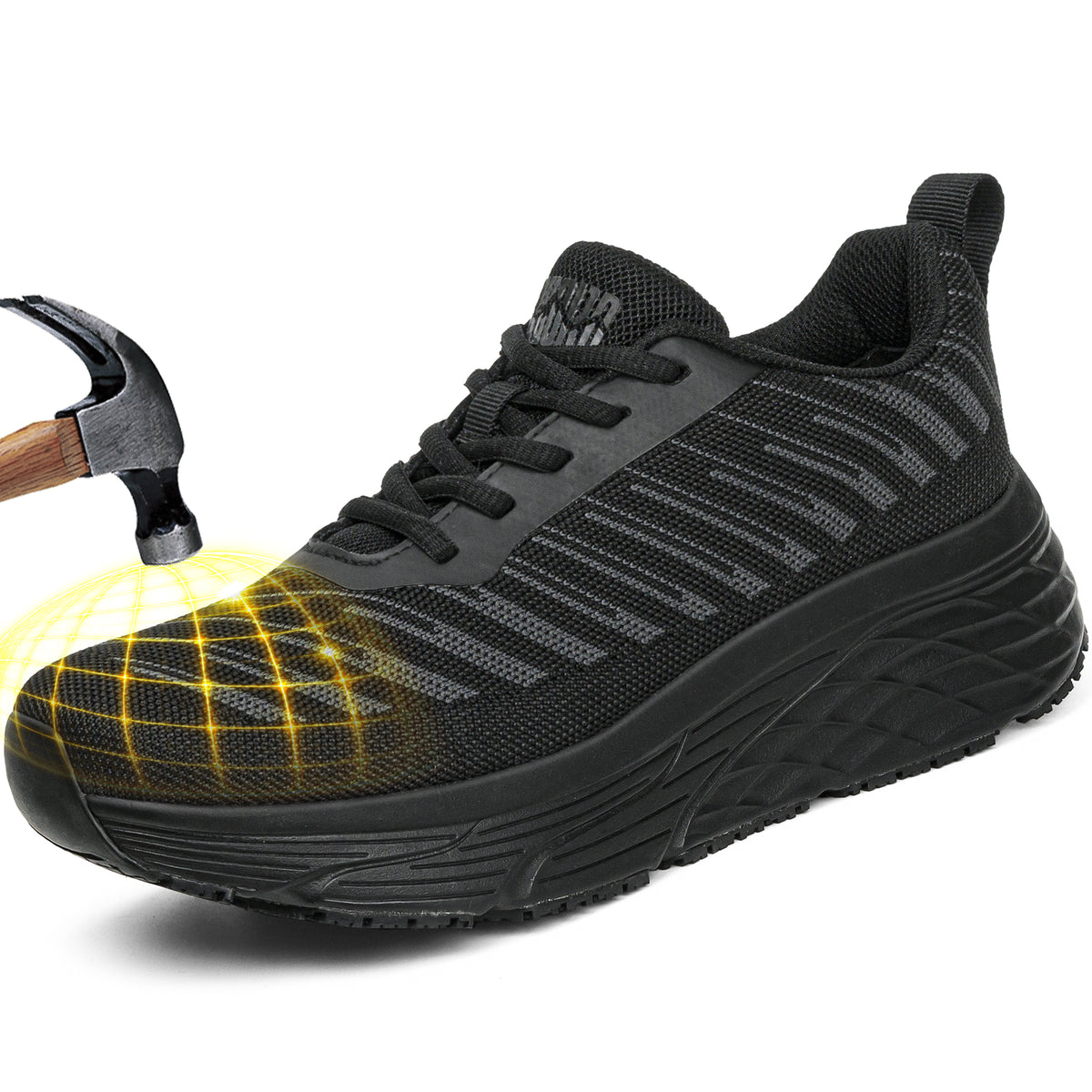 Lightweight women's steel toe work shoes with cushioned construction on a white background [color:Black]