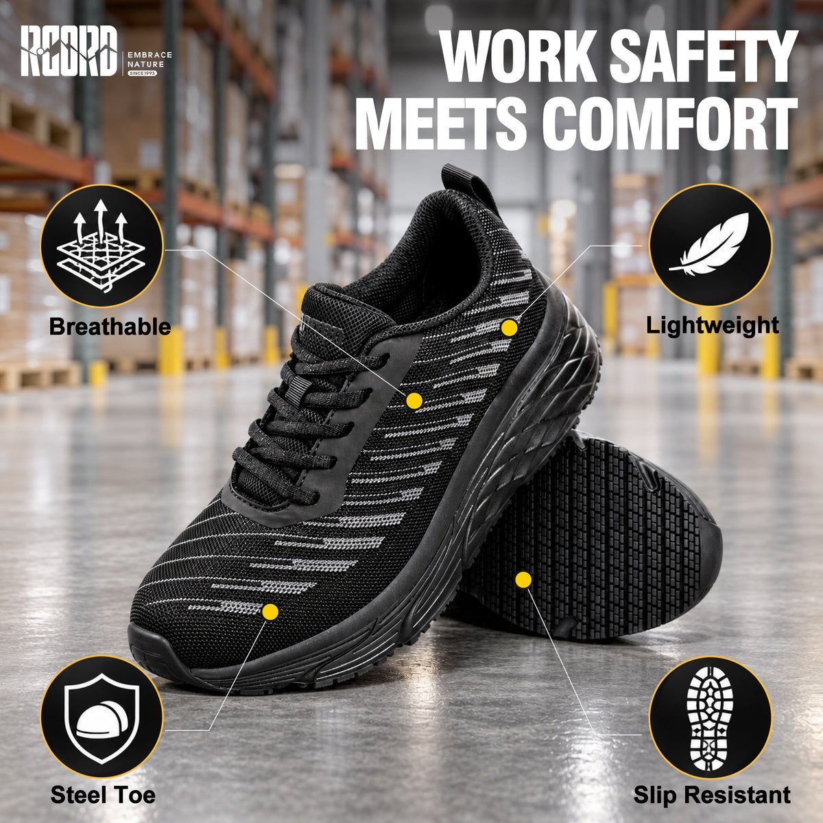 Lightweight safety sneaker feel in women's steel toe work shoes for active shifts [color:Black]