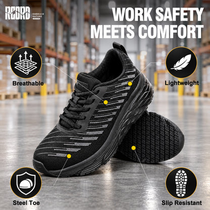 Lightweight safety sneaker feel in women's steel toe work shoes for active shifts [color:Black]