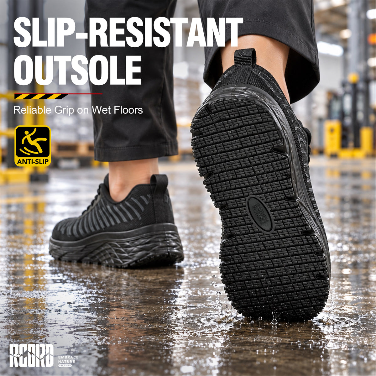 Slip-resistant traction on women's steel toe work shoes for smooth indoor floors [color:Black]
