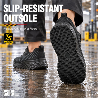 Slip-resistant traction on women's steel toe work shoes for smooth indoor floors [color:Black]
